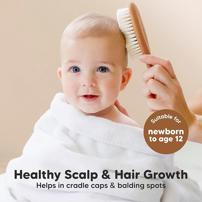 Baby Hair Brush Set for Newborns - Soft Goat Bristle Wooden Baby Brush and Comb Set Newborn Grooming Kit for Cradle Cap, Durable & Gentle, Boy, Girl Infant Essentials Care Kit (Oval, Golden Oak)