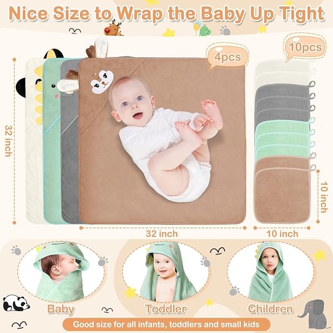 14 Pcs Baby Towels Set, Baby Towels and Washcloths Set,4 Pcs 32x32 in Cute Hooded Bath Towel & 10 Pcs Baby Washcloths for Infants, Toddlers and Kids - Dinosaurs, Pandas, Elephants & Moose