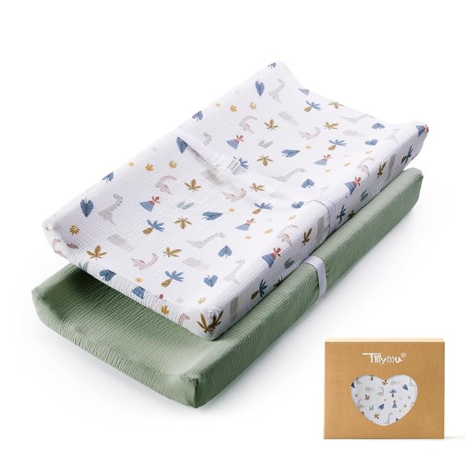 TILLYOU Muslin Changing Pad Cover for Baby Girls Boys, Soft and Breathable Cotton Diaper Changing Table Cover, 2 Pack(Dinosaur)