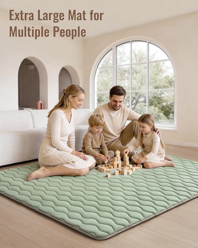 Blissful Diary Baby Play Mats for Floor, 71x59 Inch Extra Thicker & Large Soft Cushioning Foam Playmats for Babies and Toddlers, Foldable Washable Baby Crawling Mat for Playpen, Sage Green
