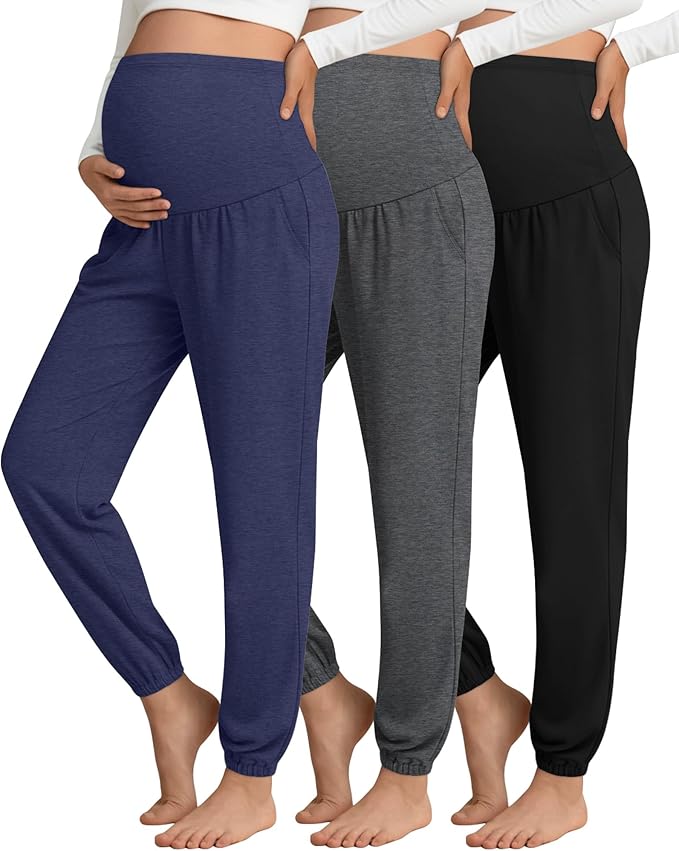 3 Pack Women's Maternity Pants Maternity Jogger Sweatpants Over The Belly Stretchy Pregnancy Pants with Pockets