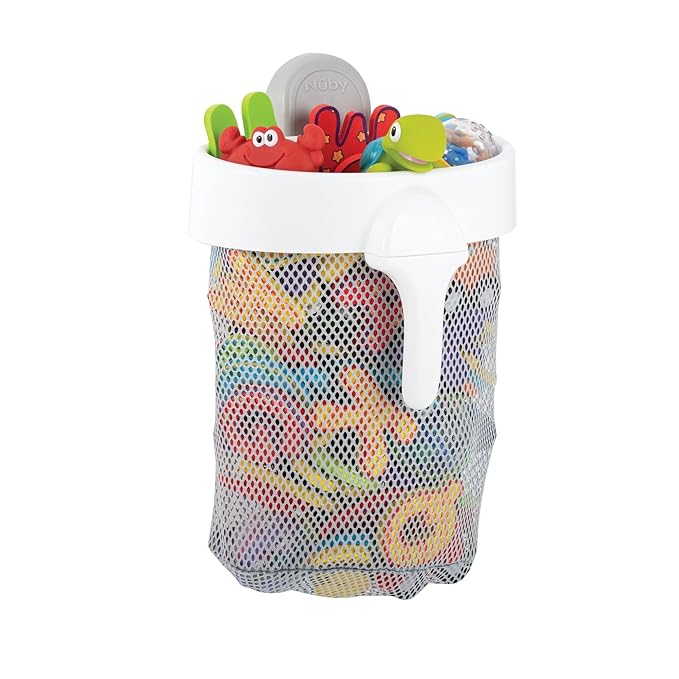 Nuby Mesh Toy Caddy - Bath Toy Storage Organizer with Detachable Suction Hanger - Handle for Easy Scooping - Durable, Quick-Dry Mesh