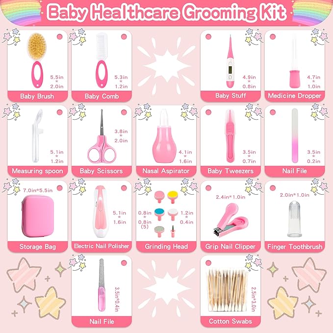 Infant Grooming Essentials: Electric Safety Nail Trimmer, Nasal Aspirator, Hair Brush, Comb, Nail Clipper (27 Piece Safety Care Set for Newborns - Pink)