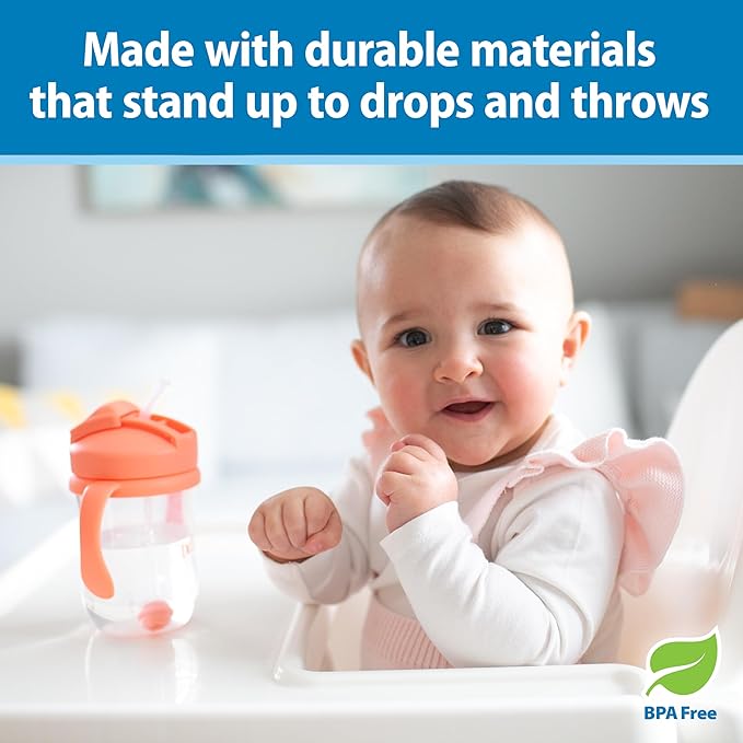 Dr. Brown's Milestones Baby's First Straw Cup, Training Cup with Weighted Straw, 9 oz/270 mL, BPA-free, 6m+, Coral/Olive Green, 2-Pack