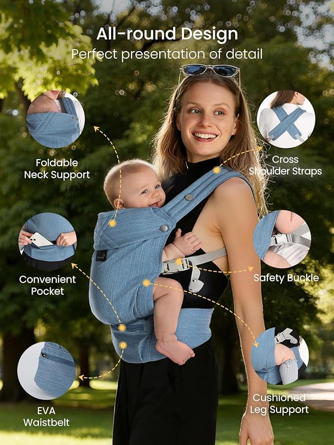 GROWNSY Baby Carrier Newborn to Toddler, Lightweight Ergonomic 7-44 lbs Newborn Carrier with Head Support, Easy to Wear Hands Free Infant Carrier for 0-36 Months, Blue