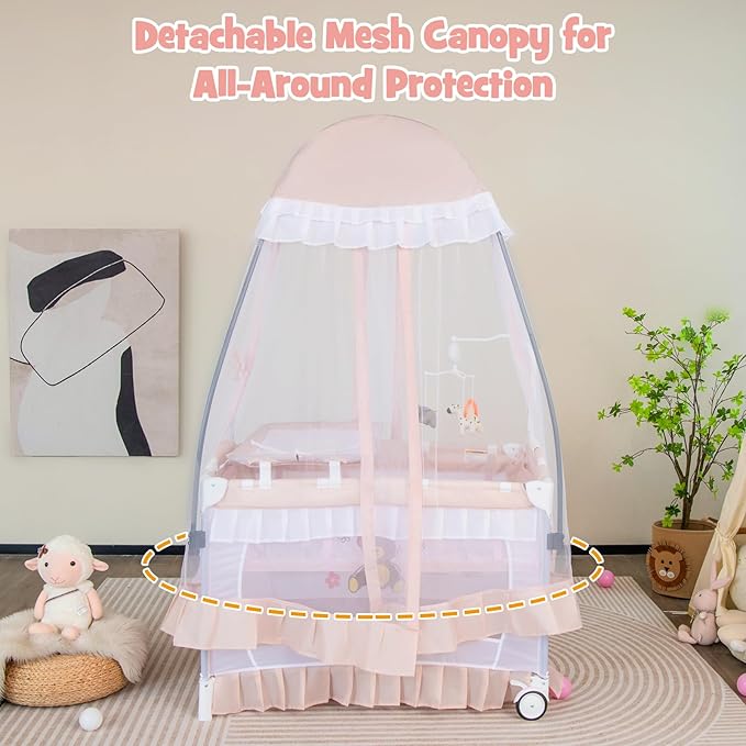 BABY JOY 4 in 1 Pack and Play with Canopy, Portable Baby Playard with Bassinet, Double-Layer Baby Crib, Wheels & Brake, Foldable Baby Girl Pink Bassinet from Newborn to Toddler