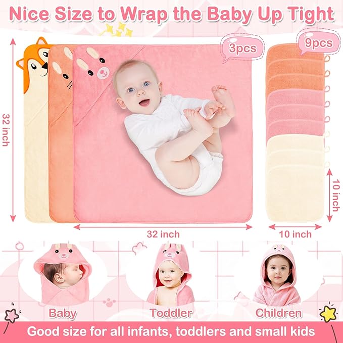 31x31 Inch Baby Hooded Towels, 12Pcs Baby Towels and Washcloths Set, Soft and Absorbent Baby Bath Towels, 3 PCS Cute 32x32 in Baby Towel with Hood and 9 Pcs Baby Washcloths for Boys and Girls