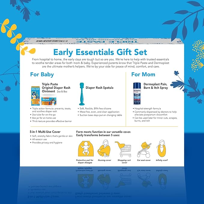 Triple Paste Mom & Baby Gift Set, New Baby Essentials Kit, 5-Piece—Diaper Rash Ointment 8oz Jar & 2oz Tube, Spatula Applicator, Dermoplast Spray, Multi-Use Cover, Mom Postpartum Essentials