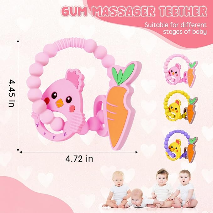 Teething Toys, Cute Easter Egg & Hen Colorful Teetning Toy Baby Toy 0-6 Months Infant Teething Toy, Baby Easter Birthday for Baby Teething Toy with Egg Toys Pink