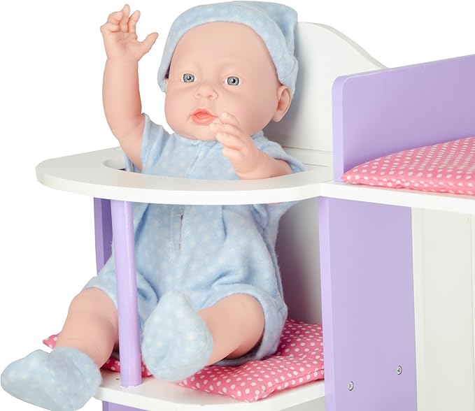 Olivia's Little World Little Princess Baby Doll Two-Sided Wooden Baby Doll Changing Station with Storage Shelves, Closet, Highchair, Changing Table, and Sink, White with Purple and Pink Accents