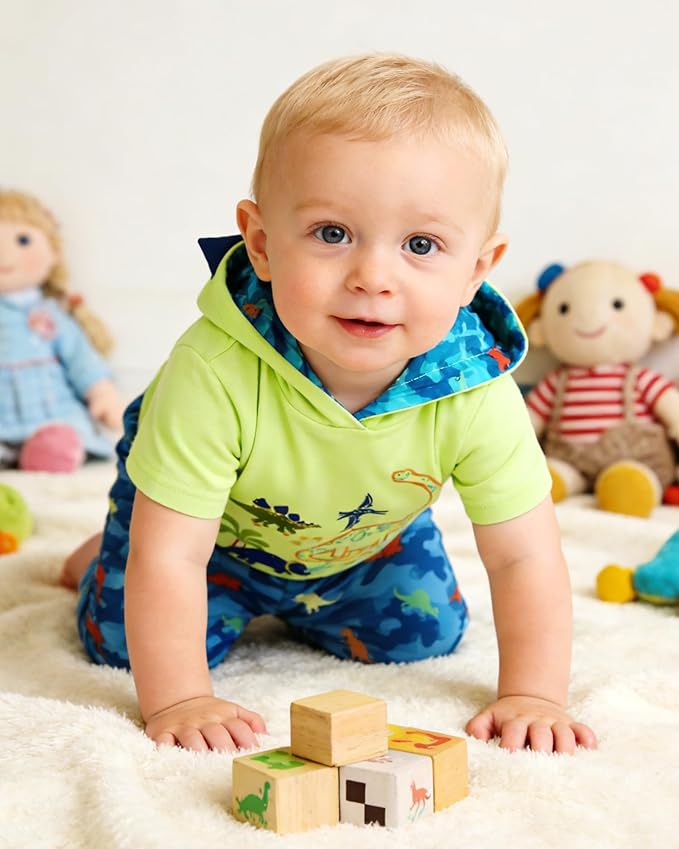 Newborn Boy Summer Outfits Animal Print Short Sleeve Romper with Hoodie & Pants Infant Clothing Set