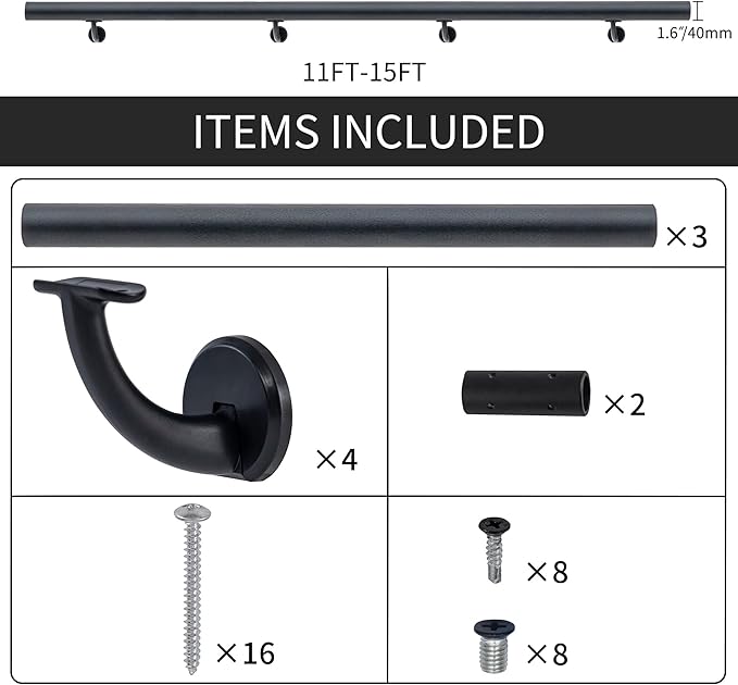 16 FT Modern Aluminum Handrail Set, handrails for Indoor Stairs,Deck,Slope, Wall Mounted Staircase handrails, Zink Alloy Brackets Included,Rust Free. (Matte Black, 16 FT)
