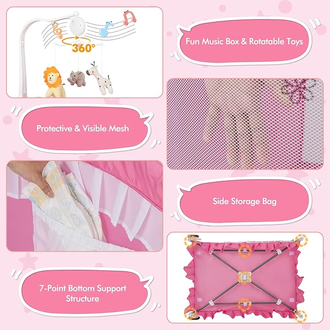 BABY JOY 4 in 1 Pack and Play with Canopy, Portable Baby Playard with Bassinet, Double-Layer Baby Crib, Wheels & Brake, Foldable Baby Girl Pink Princess Bassinet from Newborn to Toddler