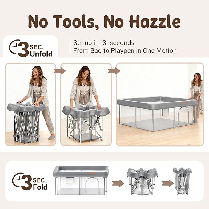 Foldable 50x50 Playpen, Portable Baby Playpen for Babies & Toddlers, Quick Fold Safety Play Yard with Balls, Pull Rings & Carry Bag, Indoor & Outdoor, Grey