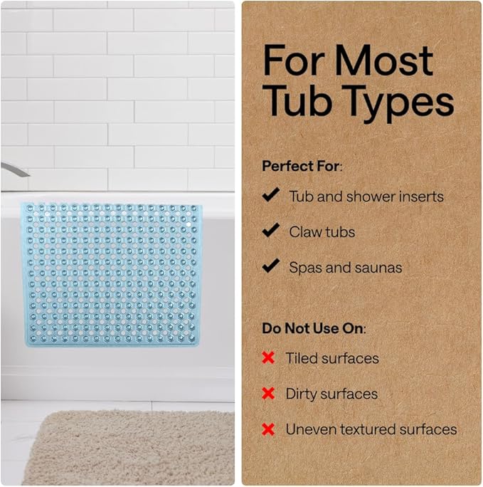 GORILLA GRIP Patented Bath Tub Shower Mat, Machine Washable Bathtub Floor Liner Mats, Suction Cups and Drain Holes to Keep Tubs Clean, Soft on Feet, Bathroom Essentials, 35x16 Inch, Clear Blue