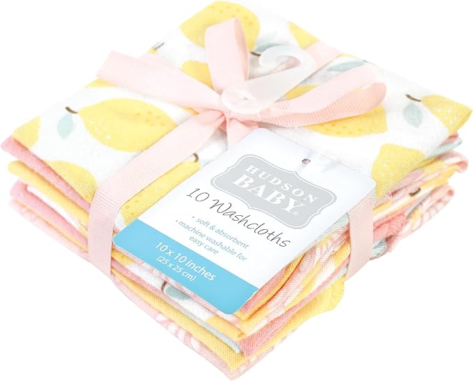 Hudson Baby Unisex Baby Flannel Cotton Washcloths, Lemon Daisy 10 Pack, One Size