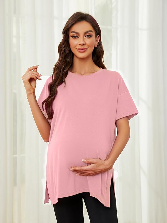 Ecavus Women's Casual Maternity Shirts Split Side Pregnancy Tops Blouses Short Sleeve Loose Fit Maternity Clothes