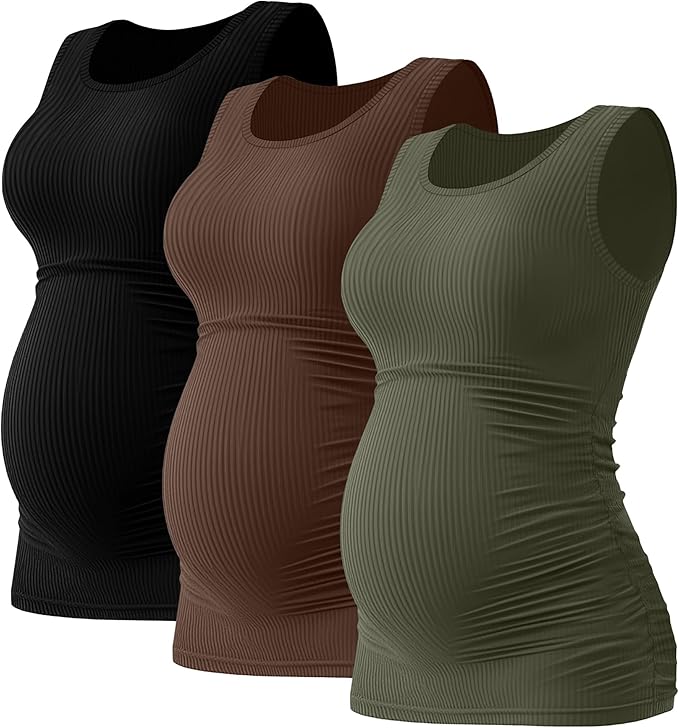 Riyiper 3 Pack Women's Maternity Tank Tops, Sleeveless Cotton Pregnancy Shirts Ribbed Knit Sides Ruched Basic Mama Clothes