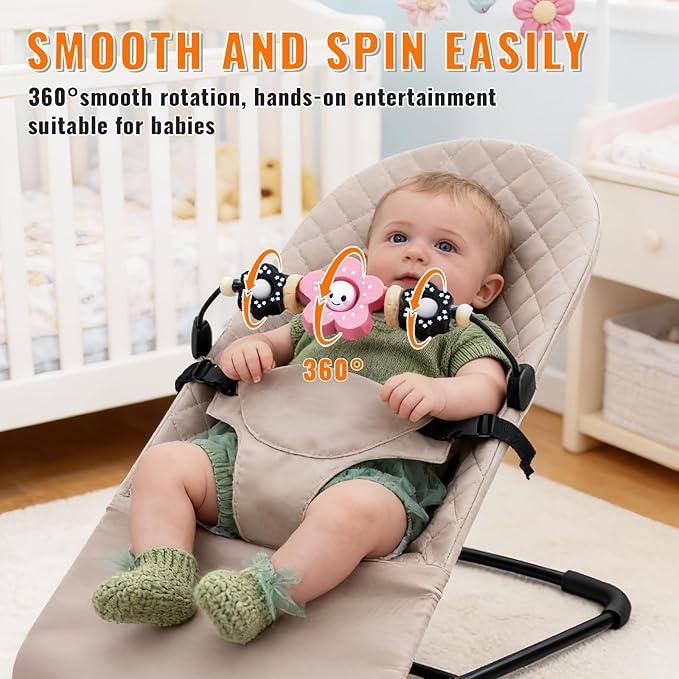 THE KENKYO Wooden Bouncer Toy Bar for Baby Bjorn, Rotatable Bouncer Toy Bar Attachment for Curious Babies, Sensory Learning Toys for Toddler, Baby Spinning Toys