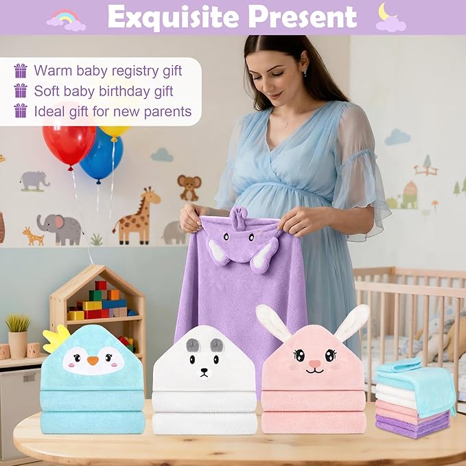 CandyHome 12 PCS Baby Bath Towels Set for Infants Toddlers, 4 PCS Animal Hooded Baby Towels & 8 PCS Washcloths Set, Ultra Absorbent Soft Cute Newborn Bath Essentials Gifts for Boys & Girls