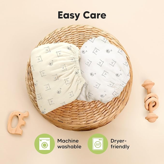 Pack and Play Sheets Fitted - 2-Pack Mini Crib Sheets for Pack N Play Mattress 38x26, Soft & Cozy, Neutral Toddler Playard Bedding, Snug Fitted Mini Baby Crib Mattress Cover Boy, Girl (Bumble Bear)