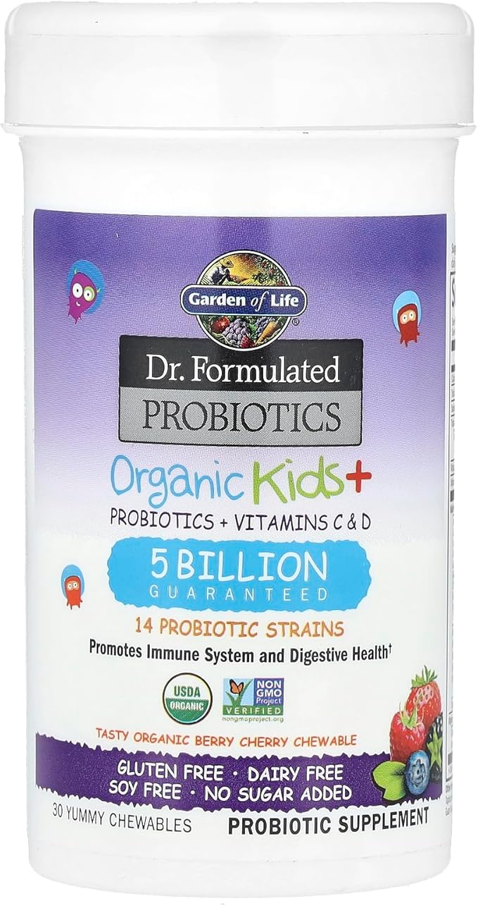 Garden of Life Dr. Formulated Probiotics Organic Kids+ plus Vitamin C & D - Berry Cherry - Gluten, Dairy & Soy Free Immune & Digestive Health Supplement, No Added Sugar, 30 Chewables (Shelf Stable)