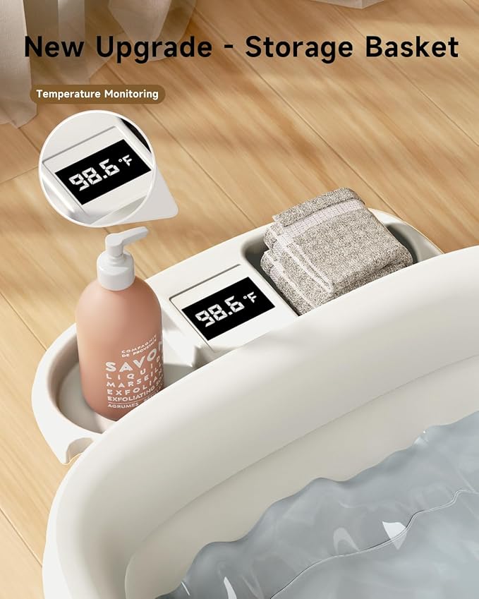 Collapsible Baby Bathtub, Large Infant Bath Tub with Thermometer & Cute Soft Cushion for Newborn to 36+ Month Toddlers, Storage and Non-Slip Feet Design, Baby Bath Gift (White)