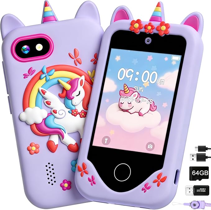 Kids Smart Phone for Girls, Touchscreen, 64GB Card Birthday Gifts for Girls Age 3, 4, 5, 6, 7, 8, 10 Year Old, Toddler Educational Learning Toys Phone with Dual Camera, Game, Music Player