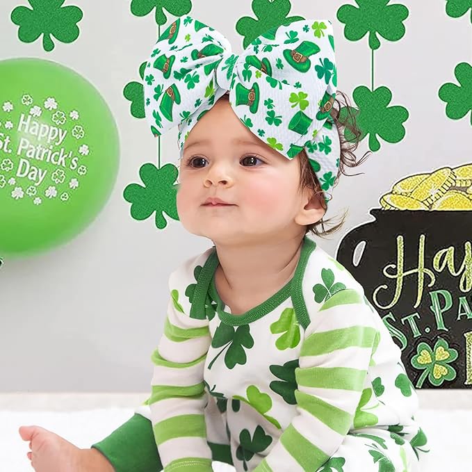 YanJie 7'' St.Patrick's Day Baby Girl Bows Clover Headband Shamrock Bow St. Patrick Top Hat Hair Bows Newborn Wide Hairbands Hair Accessories