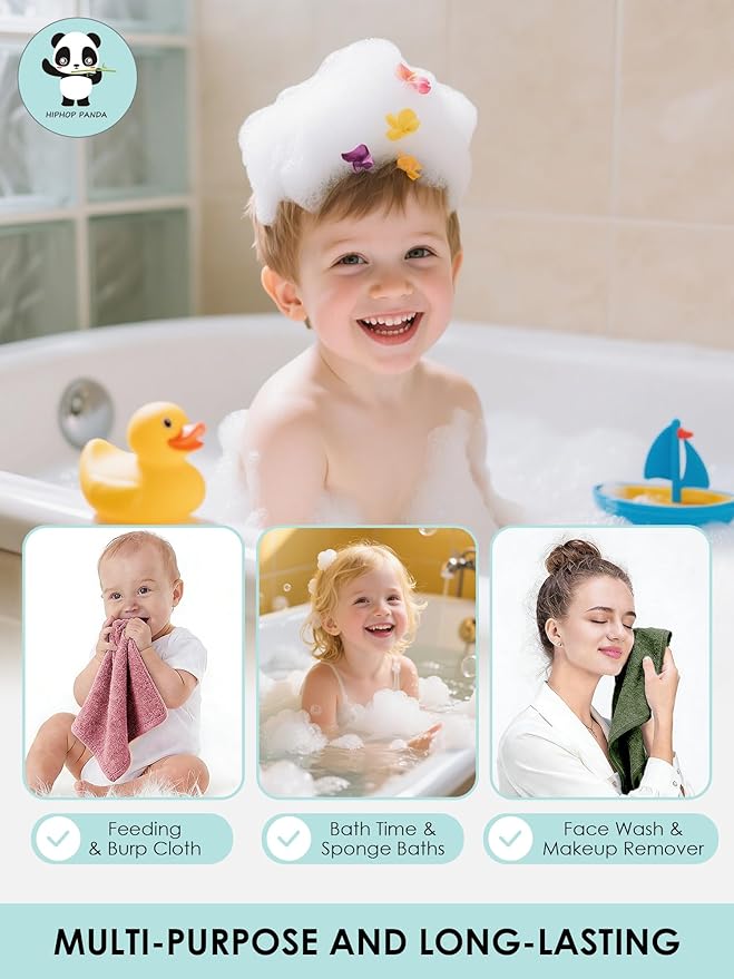 HIPHOP PANDA Baby Washcloths, Rayon Made from Bamboo - 2 Layer Ultra Soft Absorbent Newborn Bath Face Towel - Reusable Baby Wipes for Delicate Skin - Boho Earth Tones, 6 Pack