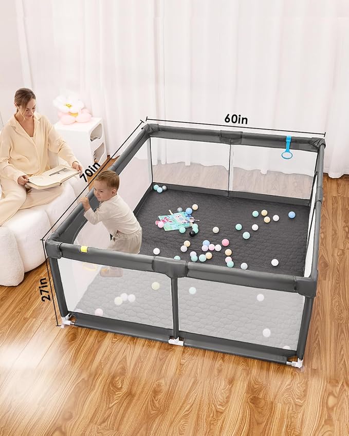 Baby Playpen with Mat, 71" x 59" Extra Large Play Yard for Babies and Toddlers, Baby Fence with Soft Thick Play Mat, Indoor Safety Activity Center for Infants, Easy to Assemble and Clean（Gray）