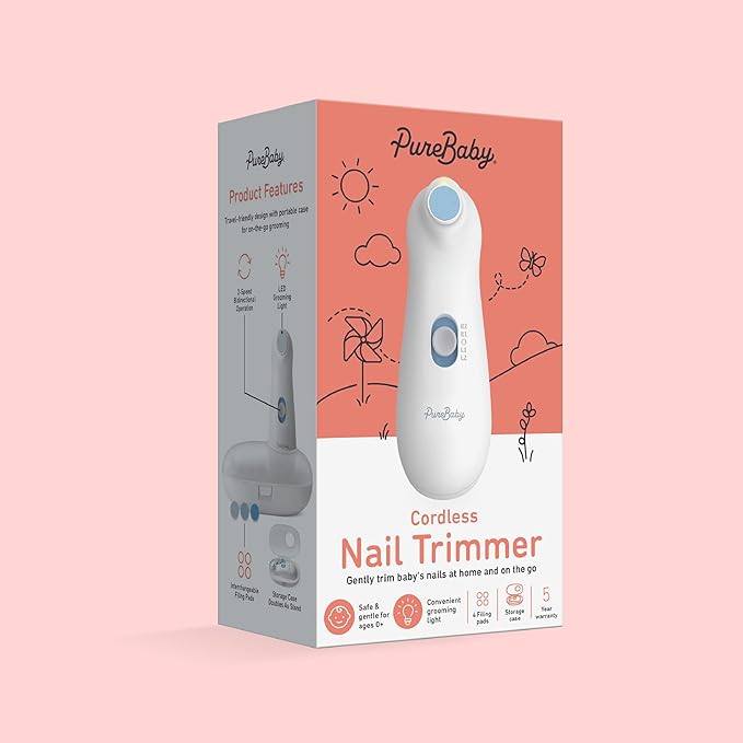 PureBaby Electric Nail Trimmer - New & Improved 6-Piece Cordless Nail Drill, 4 Attachments, 2 Speeds with Bidirectional Rotation, LED Light, Hidden File Storage, & Carrying Case for Newborns & Baby