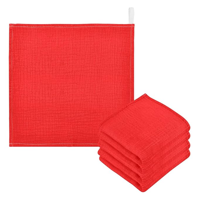 YETTASBIN Red Solid Color Muslin Baby Hand Washcloths, Soft Cotton Bath Face Towel, 4 Layers Extra Absorbent Feeding Burp Cloth for Newborn Infant Sensitive Skin, 3 Pack