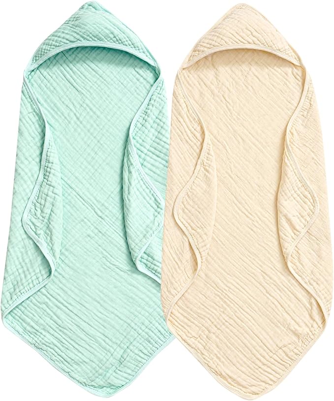 PHF 2 Pack Baby Hooded Towels, 100% Muslin Cotton Baby Bath Towel with Hood for Newborn, Infant, Toddler, Ultra Soft and Absorbent Baby Essentials Bath Towels for Boys Girls, 32x32Inch, Beige & Green