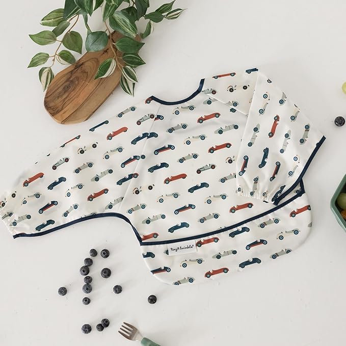 Tiny Twinkle Long Sleeve Bib for Babies & Toddlers | Waterproof Smock Bib for Eating | Machine Washable & Mess-Proof Feeding Essentials | Newborn Shower Gift (Vintage Cars, Small 6-24 Months)