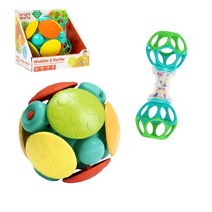 Bright Starts Wobble & Rattle Gift Set 2-PK Baby Toys, Rattles & Ball Toys, Crawl & Chase, Cause and Effect Learning, Unisex, 3-6 Months and Up