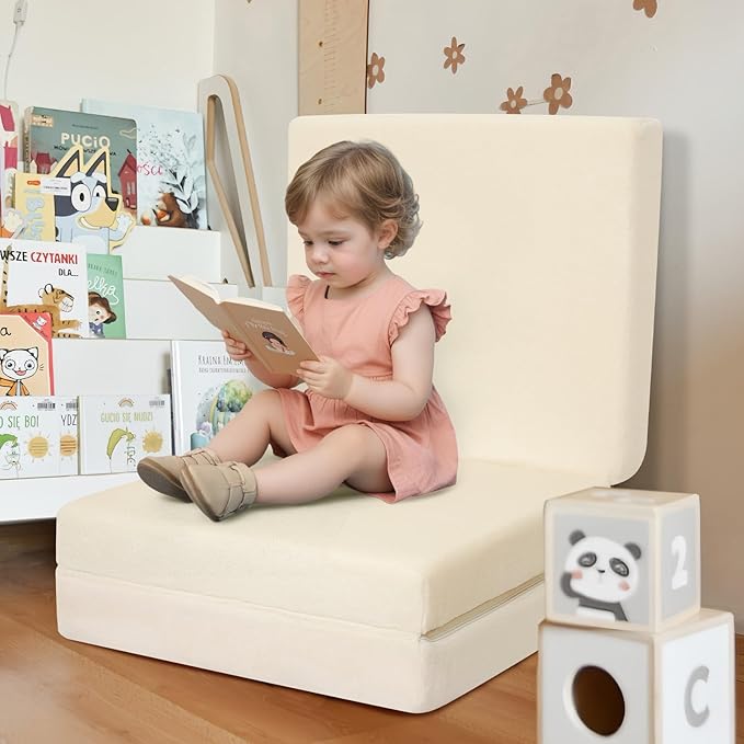 MeMoreCool Foldable Floor Cushion Kids Trifold Play Mat, Kids Folding Seat Pad Portable Lounger, 57x22 Inch Beige