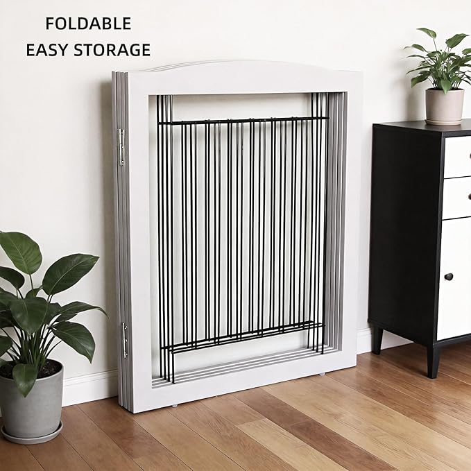ZJSF Freestanding Dog Fence Indoor, Foldable Dog Gate for Doorways, Stairs or Hallways, Sturdy Wood Extra Wide Pet Gate with Support Feet for The House, Grey, 32 "Height-2 Panels