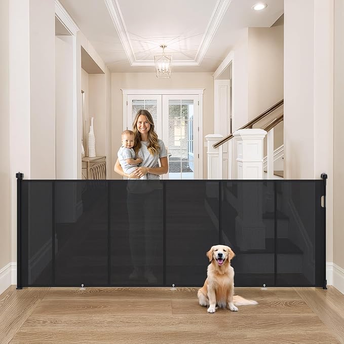 Upgrade Retractable Baby Gates Extra Wide (150" W x 42" H), 150 inch Reinforced Retractable Dog Gate to Prevent Crawling Through, Retractable Gate Outdoor/Indoor, Real One-Handed Operation, Black