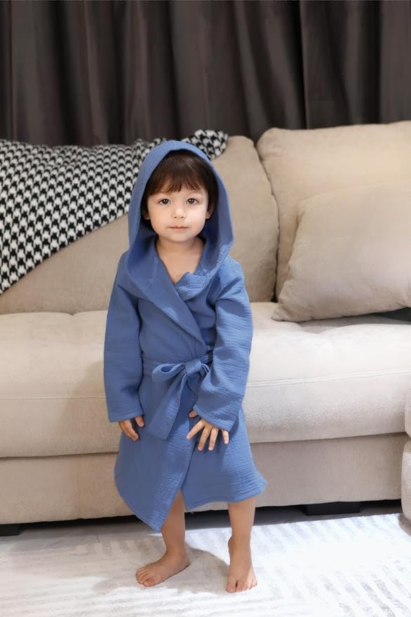 Organic Cotton Toddler Bathrobe, Soft and Breathable Baby Robe for Kid, Boy& Girl Hooded Robe Muslin