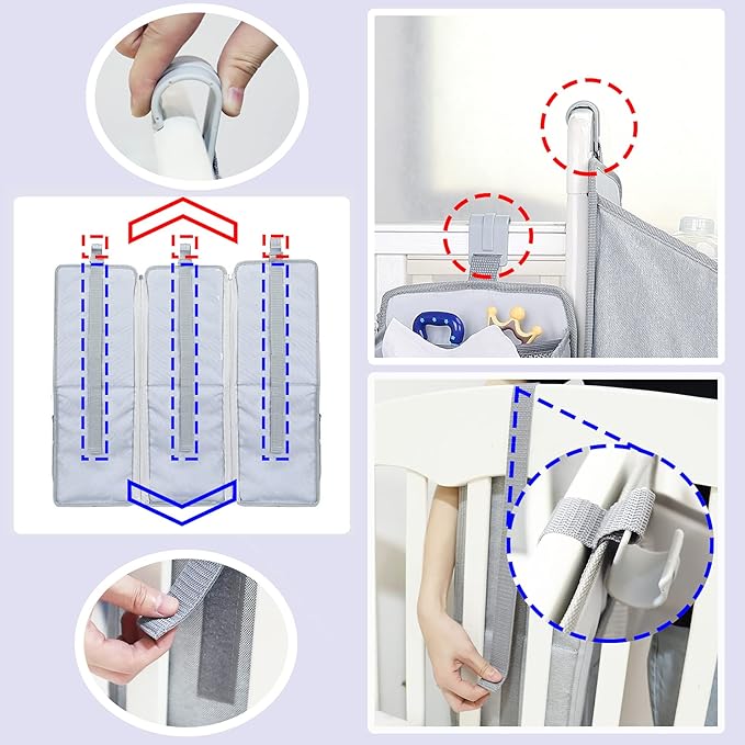 Orzbow 3-in-1 Hanging Diaper Organization Storage for Baby Essentials | Nursery Organizer and Baby Diaper Caddy | Hang on Crib, Changing Table or Wall, Light Gray