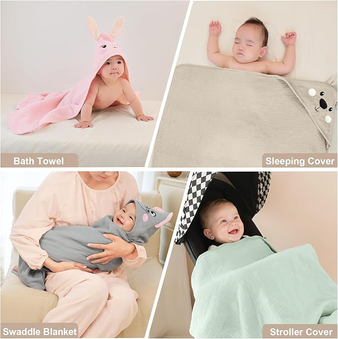 FIOBEE Hooded Baby Towels 100% Muslin Baby Bath Towels for Newborn with Animal Design Ultra-Soft and Absorbent Bath Essentials for Toddler, Unisex Girls Boys 30 x 30 inch, Light Coffee Bear