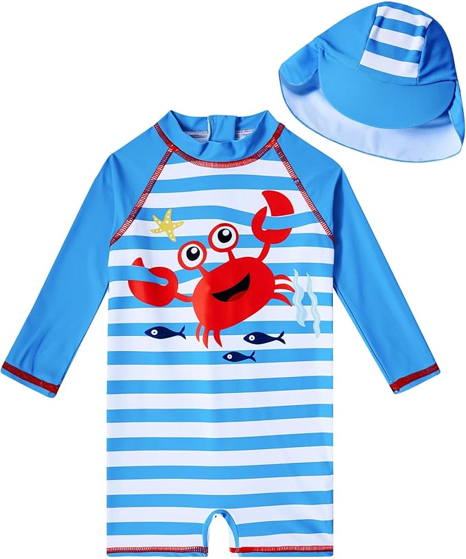ADUKIDE Baby Boys Swimsuit Summer Beach Rash Guard Swimwear One Piece Sunsuit with Sun Hat 3-24 Months