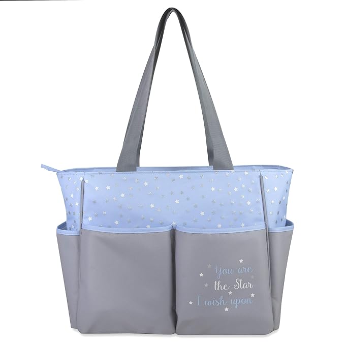 Diaper Bag Tote 5 Piece Set with Sun, Moon, and Stars, Wipes Pocket, Dirty Diaper Pouch, Changing Pad (Grey/Blue)