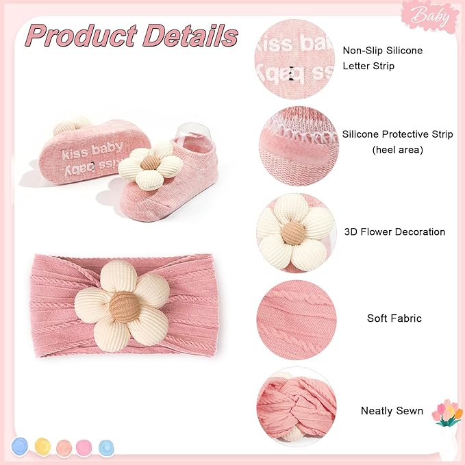 JOYOYO Baby Flower Headband and Socks, Cute Baby Girl Headbands and Soft Socks Sets for Toddler Newborn Infant Girl (Beige Pink Khaki)
