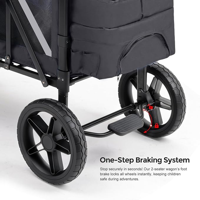 Premium 2 Seater Wagon Stroller for Kids, Foldable All-Terrain Stroller Wagon with Removable Seats, Adjustable 5-Point Safety Harness, Canopy, and Dual Handles, Dark Gray
