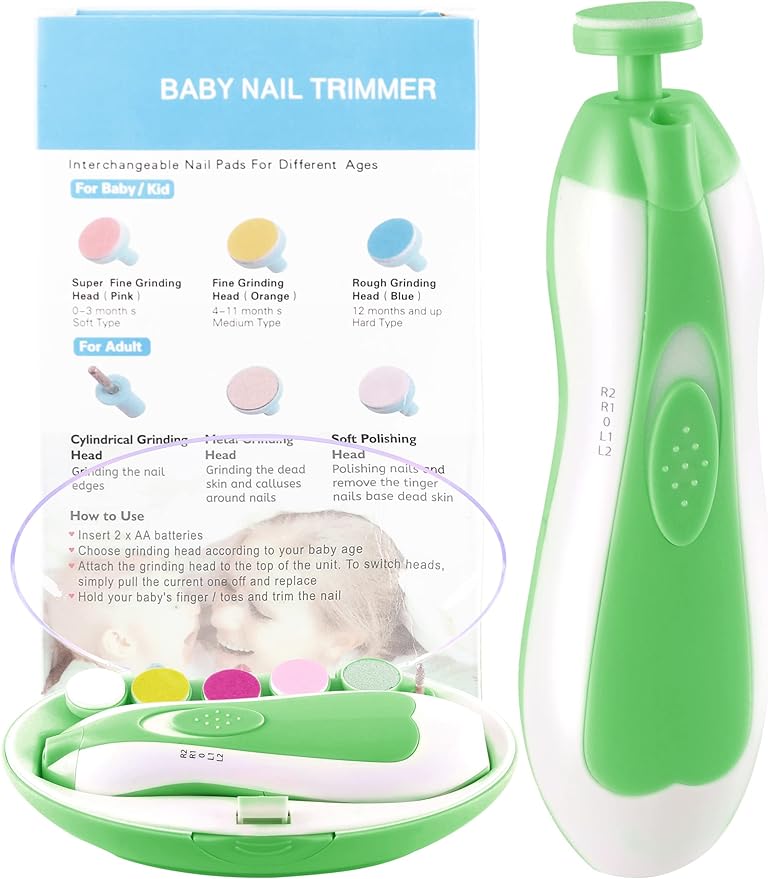 Electric Baby Nail Trimmer, Safe Gentle Nail File Grinder Kit with LED Light, Whisper Quiet, 6-in-1 Nail Care Set for Newborns Toddlers Kids & Adults, Adjustable Speed & Rotation, Portable Trave.Green