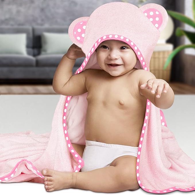 Set of 2 Hooded Baby Towels – White and Pink – Luxurious, Large and Super Absorbent – 30 x 30 Inch – Soft and Suitable for Infants, Toddlers and Kids – 400 GSM