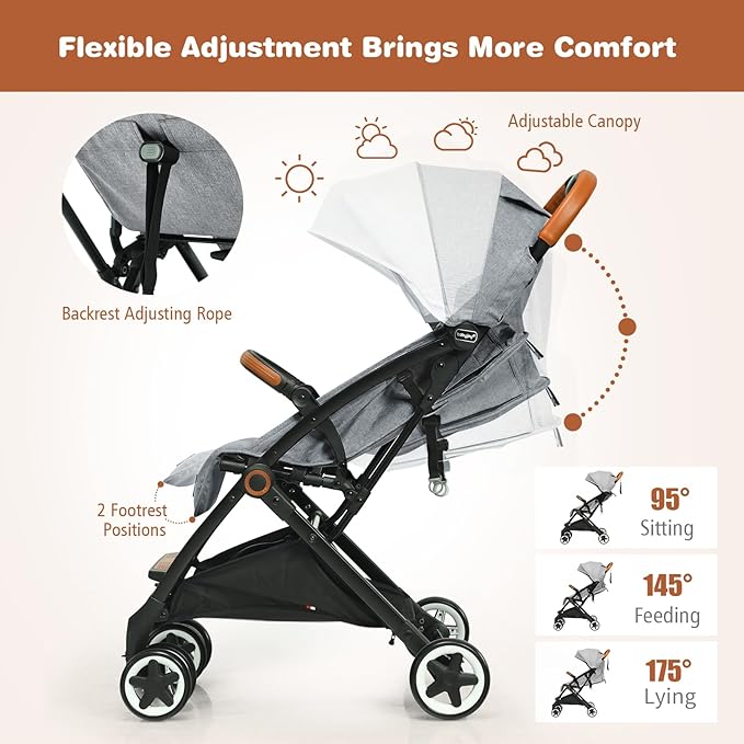 BABY JOY Lightweight Baby Stroller, Compact Toddler Travel Stroller for Airplane with 5-Point Harness, Adjustable Backrest/Footrest/Canopy, Storage Basket, Easy One-Hand Fold, Gray
