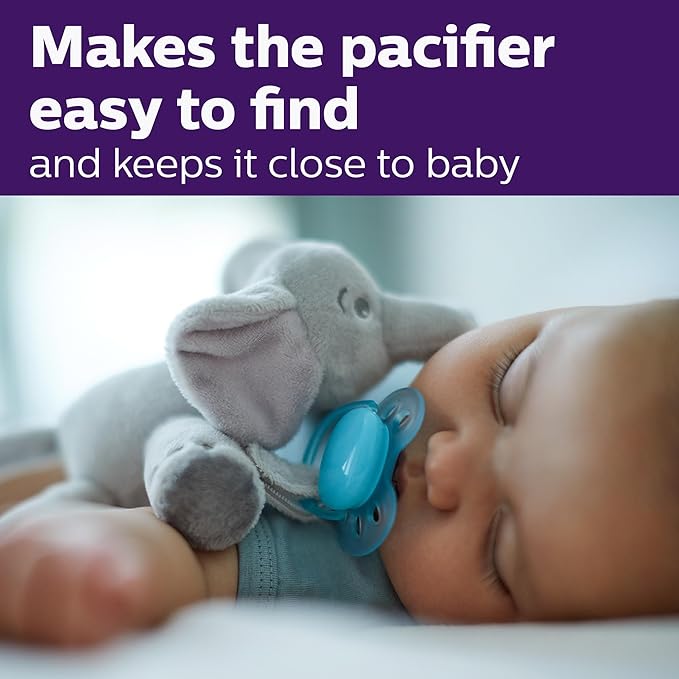 Philips AVENT Ultra Soft Snuggle Pacifier Holder with Detachable Pacifier, 0-6m, Elephant, SCF348/03
